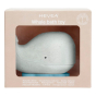 Hevea Squeeze'n'splash Whale Bath toy in Blizzard Blue in box. White background