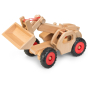 Fagus plastic free wooden farm loader toy with its bucket scoop slightly raised on a white background