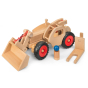 Fagus wooden farm bail loader toy with its bucket down next to a wooden peg doll and swappable fork on a white background