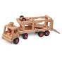 Fagus eco-friendly large wooden car transporter truck toy with its ramp lowered on a white background