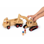 Hands playing with the Fagus eco-friendly wooden digger toy next to the Fagus wooden tipper truck on a white background