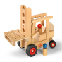 Fagus toy fork lift carrying wooden toy pallet on a white background
