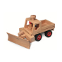 Fagus plastic free wooden truck toy with the snowplough attachment on a white background
