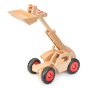 Fagus handmade wooden loader with its extendable bucket fully raised on a white background