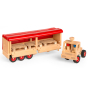 Fagus wooden cargo truck toy with its trailer open on a white background