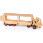 Fagus solid wooden lorry toy set with its red trailer curtain pulled off on a white background