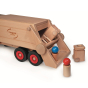 Close up of the Fagus wooden bin truck toy tipping bin into the back of the truck on a white background