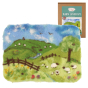 The Makerss - Warm Landscape Needle Felt Crafting Kit. This felting kit creates a beautiful 2d Spring/Summer landscape scene with sheep, trees, and gently rolling hills with a lovely blue sky with natural green landscape colours. There are sheep grazing i