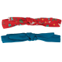 Frugi Loch Blue lets party 2 pack knotted elasticated headbands - one red with Christmas theme and one plaid loch blue on white background