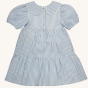 Back of the Frugi Beach Hut Blue and white Stripe Cassie Collared Dress pictured on a plain background
