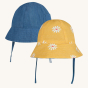 Frugi Chambray Bumblebee Yellow Daisies Helen Reversible Hat shown on both sides pictured on a plain background