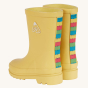 Back three-quarter view of the Frugi Explorer Wellington Boots - Bumblebee on a plain background.