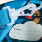 Name tag and D clip detail on the Frugi Little Adventurers Backpack - Fir Tree / Rainbow Leaves.