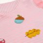 Acorn and material detail on the Frugi Easy On Top - Guava Pink Stripe / Acorns on a plain background.