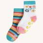 Frugi Grippy Socks 2-Pack - Floral on a plain background.