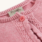 Neck and button detail on the Frugi Amy Bolero Cardigan - Pink Marl on a plain background.