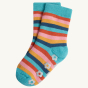 A pair of Stripey socks from the Frugi Grippy Socks 2-Pack - Floral on a plain background.