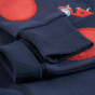Cuff and material detail on the Frugi Switch Easy On Jumper - Indigo / Tractors.