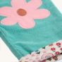 Material detail on the Frugi Tess Cord Reversible Trousers - Moss / Floral Fun against a plain background.