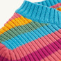 Material and pattern detail on the Frugi Zoe Knitted Jumper - Rosehip Rainbow Stripe.