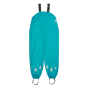 Frugi childrens eco-friendly camper blue puddler buster waterproof trousers on a white background