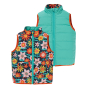 Front and back of the Frugi childrens dhalia fields reversible gilet on a white background