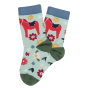 Close up of the childrens eco-friendly Frugi watermelon and ptarmigan socks showing a red horse on a white background