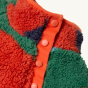 Neck fastener detail on the Frugi Coral Reversible Snuggle Fleece - Paprika Rainbow Stripe / Indigo.