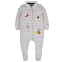 Front of the Frugi organic cotton collared babygrow in the grey marl stripe and penguin colour on a white background