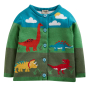 Frugi Corin Knitted Cardigan Camper Blue Dino design pictured on a plain white background