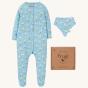 Frugi Organic Cotton Baby Gift Set - Splish Splash Ducks. Made from GOTS Organic Cotton, of a light blue duck print all in one, and bib on a cream background