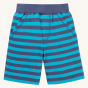 Frugi Children Organic Cotton Ellis Shorts - Tropical Sea / Navy Stripes. A super soft organic cotton these light aqua blue and navy striped shorts have a comfy elasticated waistband and two handy pockets, on a cream background