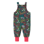 Frugi childrens organic cotton floral dungarees with the cuffs extended on a white background