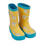 Frugi yellow giraffe print puddle buster wellies on a white background
