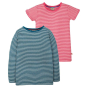 Frugi organic cotton 2 pack striped pointelle tops for kids one blue and white stripe one pink and white stripe