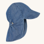 Frugi Children's Organic Chambray Legionnaires Hat. A lightweight blue denim hat with a peak and protective neck coverage, perfect for sunny days. On a cream background