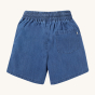 The back of the Frugi Organic Cubert Chambray Denim Shorts, showing the back pocket and elasticated waist, on a cream background