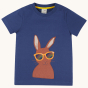 Frugi Carsen Applique T-Shirt - Hare. A deep navy blue GOTS organic cotton t-shirt with a brown hare wearing yellow sunglasses with a rainbow reflection, on a cream backgroung