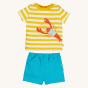 Frugi Organic Easy On Outfit - Dandelion Stripe / Lobster. A yellow and white stripe t-shirt with a fun lobster character applique, and coordinating light blue shorts with pockets, on a cream background.