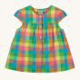 Frugi Organic Elisa Top - Summertime Check. A soft, organic cotton top with gentle gathers, adorable capped sleeves, a button-down front and an all over check pattern. On a cream background