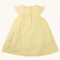 The back view of the Frugi Organic Cotton Devon Baby Body Dress - Flowers. Made from GOTS organic Cotton,  a beautiful sunny, yellow and white stripe short sleeve dress with frilly shoulders and pop fasteners on the back of the dress