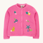 Frugi Organic Maia Embroidered Cardigan - Hibiscus / Jungle. A beautiful pink knitted cardigan, with delicate pointelle and scalloped detail around the collar, cuffs and hem, and colourful embroidered flowers and jaguar on the front, with full length wood