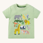 Frugi Organic Little Creature Applique T-Shirt - Kiwi Marl / Jungle. A light kiwi green top with fun animal applique designs of an elephant, crocodile, lion, jaguar, macaw, tucan, giraffe, panda, sloth and tiger, and popper fastenings on the shoulder. On 