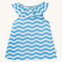 Frugi Children's Organic Cotton Melody Top - Wave Stripe. A gorgeous blue and white wavy stripe, this kids' organic cotton Frugi Daisies Melody top is a floaty sleeveless tunic top with a fun ruffle collar and all-over wave pattern