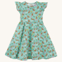 Frugi GOTS Organic Cotton Morwenna Skater Dress - Riverine Rabbits. The perfect short sleeve dress for Easter in light green, with a beautiful rabbit, flower and insect print. The print of the dress shows light brown rabbits, yellow, white and pink flower