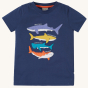 Frugi Avery Applique T-Shirt - Sharks. A deep Navy Blue short sleeve t-shirt made from GOTS organic cotton, with four colourful sharks sewn onto the front. From top to bottom is a lilac whale shark, a yellow great white shark, a teal blue hammerhead shark