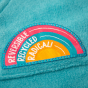 Badge detail on the Frugi Coral Reversible Snuggle Fleece - Honeysuckle Stripe / Tor Blue.