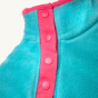 Neck fastener detail on the Frugi Coral Reversible Snuggle Fleece - Honeysuckle Stripe / Tor Blue.