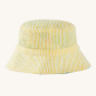 A closer look at the thin yellow and white stripe pattern of the Frugi Organic Rally Reversible Hat - Jaguar Jungle / Seersucker