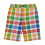 Frugi childrens rainbow check print reversible shorts on a white background